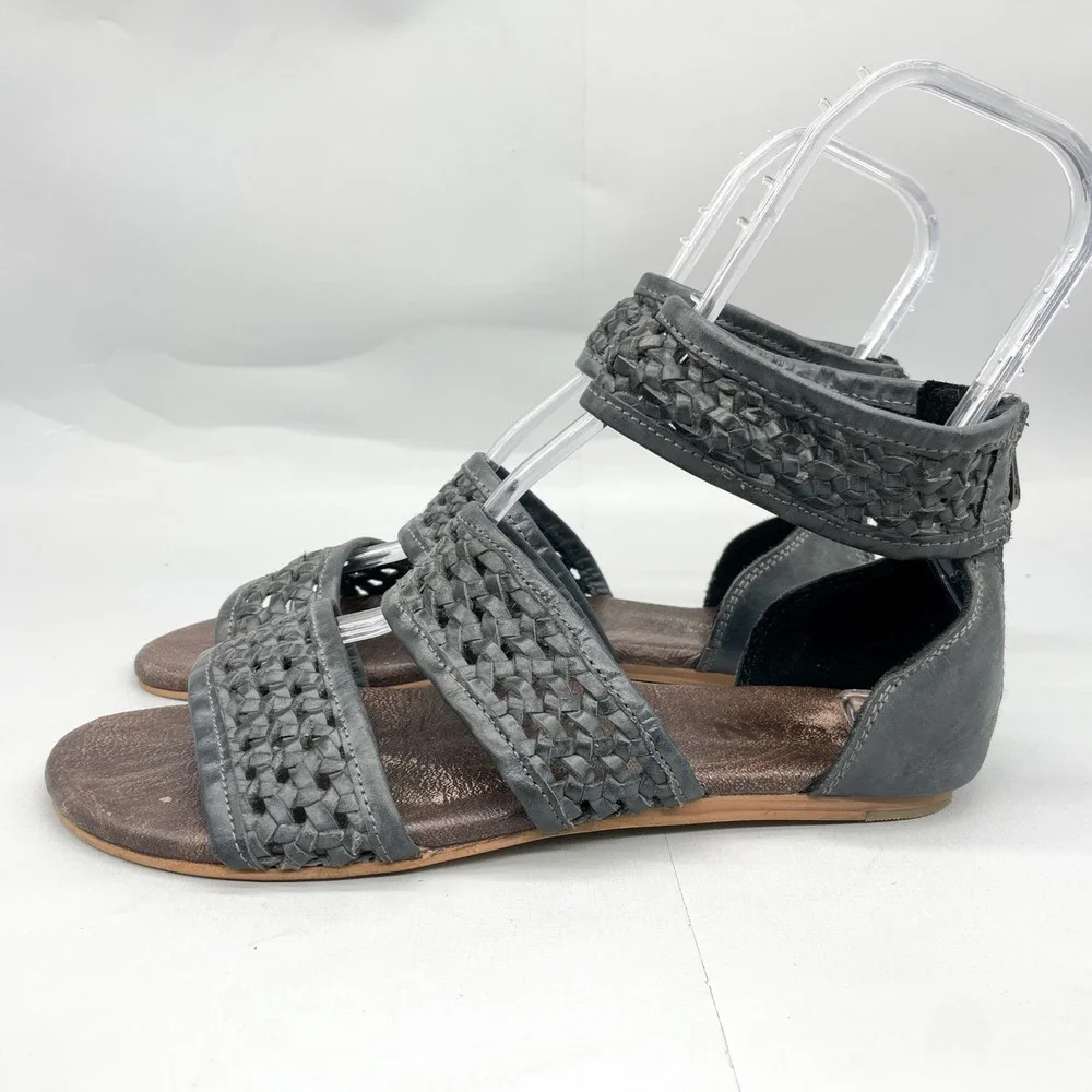 ROAN Bed Stu Womens 10 Clio Sandals Black Woven Leather Gladiator Zip Flats Boho